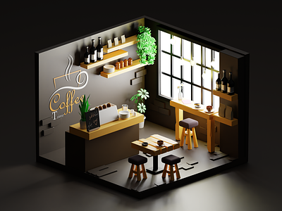 Isomertic Cafe 3d 3dart 3ddesign 3dmodeling 3drender blender3d cafe coffee cute cycles graphic design illustration isometric lowpoly plant polygon ui