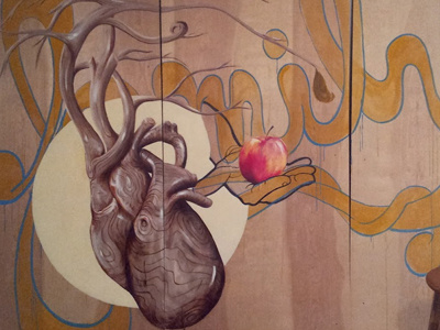 Mural progress_1 apple heart mural painting wooden