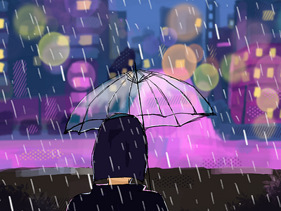 Rain character city drawing illustration moody pinkandblue procreate
