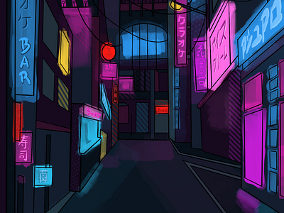 Japanese street at night cyberstyle illustration pinkandblue procreate