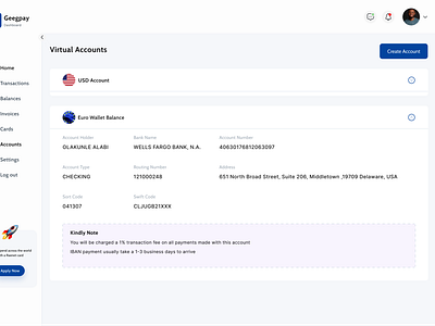 Virtual accounts details dashboard