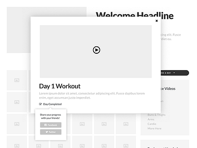 Workout Program - Wireframe high fidelity modal sharing wirefame