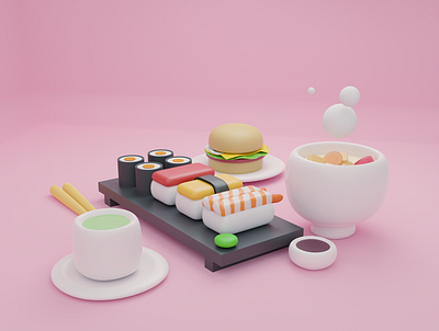 sushi and burger 3d 3d animation 3d art 3d modeling blender blender3d blender3dart design design3d japan japanese food