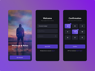 Onboarding Screens dark theme onboarding fitness app onboarding mobile app design onboarding otp confirmation splash screens