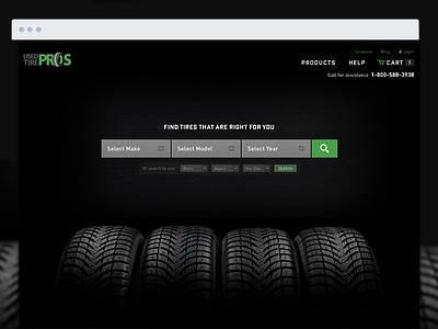 Used Tire Pros automotive dark ecommerce homepage search tires website