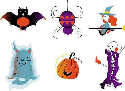 Halloween Characters 2d art 2d illustration bat cat digital art ghost cat halloween halloween characters halloween stickers pumpkin skeleton spider vector halloween vector illustration witch