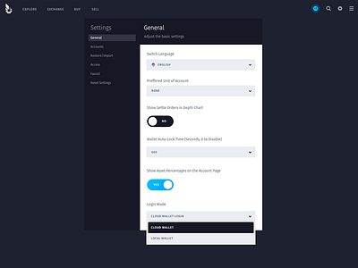 BitShares Settings Screen