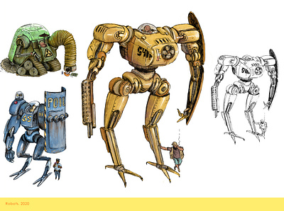 Old robots angryalbatros digital art illustration lineart mechanic procreate robots