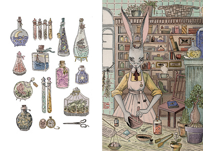 Rabbit laboratory angryalbatros botanic character illustration laboratory lineart rabbit
