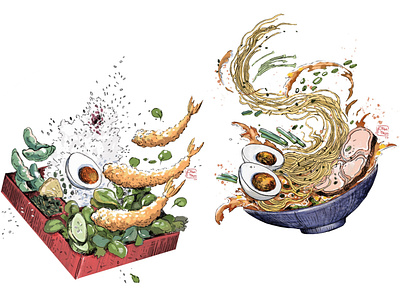 Bento box and ramen illustration