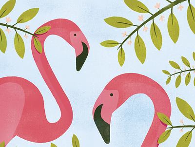Two pink flamingos bold color palette colorful contemporary design digital painting flowers illustration minimalistic pink pink flamingo