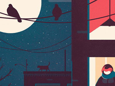 Nighttime in the city bird bold cat city color palette colorful contemporary dark digital painting illustration lifestyle minimalistic moon night people pigeon sky stars urban