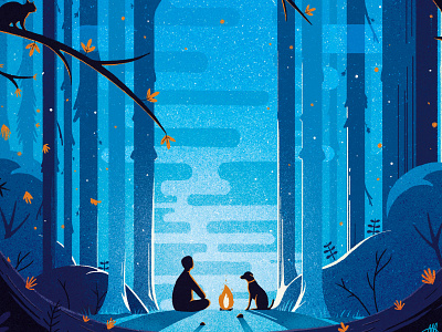 Camping in the woods adventure blue bold bonfire camping color palette colorful contemporary dark digital painting dog fire illustration love minimalistic mystery night picnic raw woods