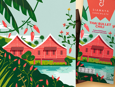 Thai Bullet Chili Chocolate Packaging asia bold chili chocolate color palette colorful contemporary design digital painting flowers food graphic design illustration minimalistic packging thailand wrapper