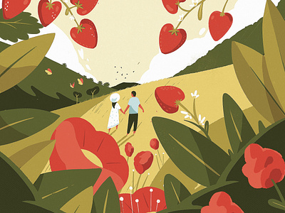 Valentine’s Day packaging attraction bold chocolate color palette colorful contemporary couple digital painting editorial field flowers hearts illustration love naive packaging strawberries strawberry valentines valentines day