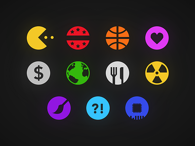News Category Icons art business facts food gaming glyphs health icons politics science sports technology