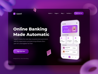 Upsell Banking - Landing Page Design 2021 2021 design 2021 trend alphadesign banking clean color gradient color grading dark web dark website design glass glassmorphism julius branding landing landing page landing page design landingpage online bank online banking
