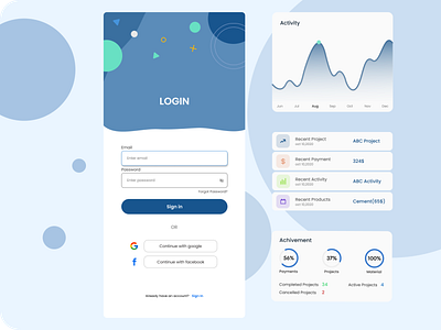 Mobile Login, Graph, List, Circle bar