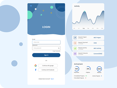 Mobile Login, Graph, List, Circle bar