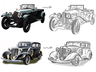 Cars illustration from color to contours
