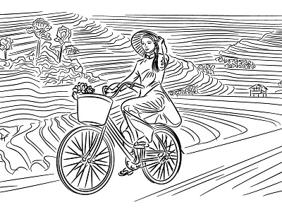 Beautiful woman riding a bike on rural road