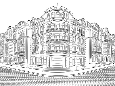 Retro corner building detailed illustration