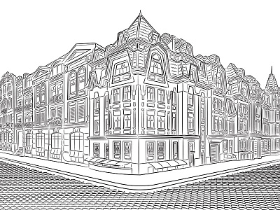 Detailed corner street retro illustration