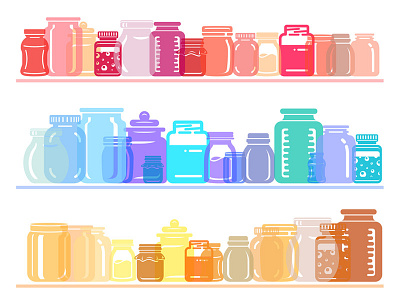 Jar set to shelf. Colorful transparent composition.