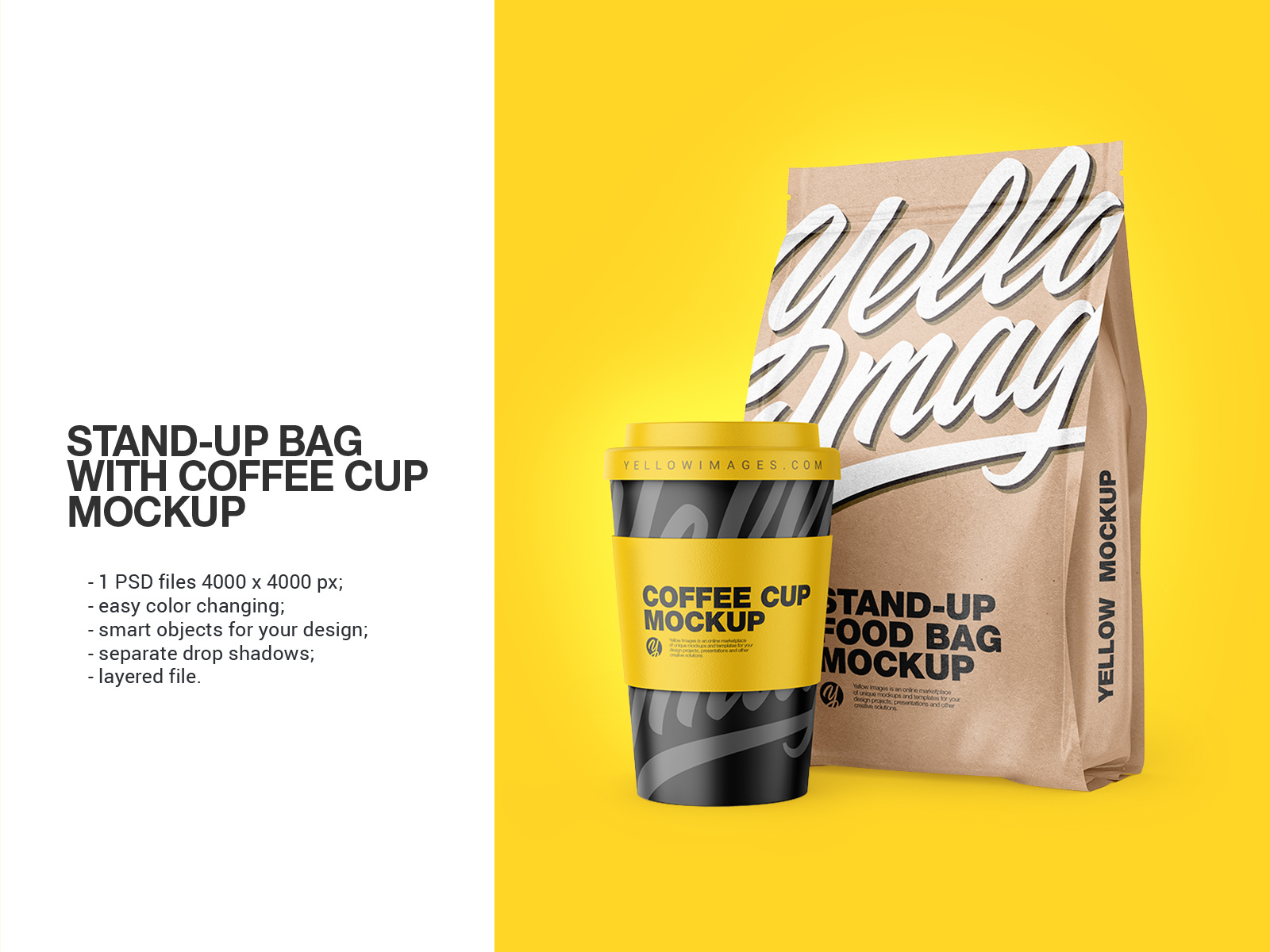 Kraft Stand-Up Bag with Reusable Coffee Cup Mockup by Oleksandra