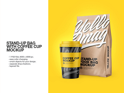 Kraft Stand-Up Bag with Reusable Coffee Cup Mockup bag brown coffee coffee bag coffee cup coffee package coffee pouch container craft cup dessert flow pack food food bag food pack food package kraft kraft bag pack package