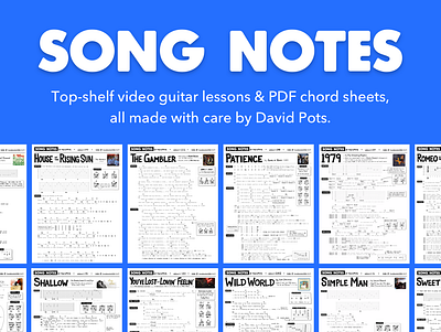 Chord-sheet infused banner image for Song Notes blue chord sheet chords guitar music print song