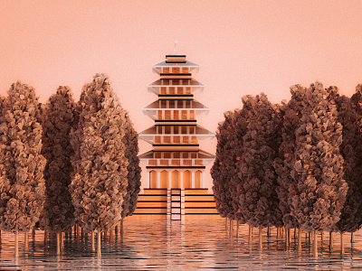 temple (day) 3d render adobe dimension reflection temple water