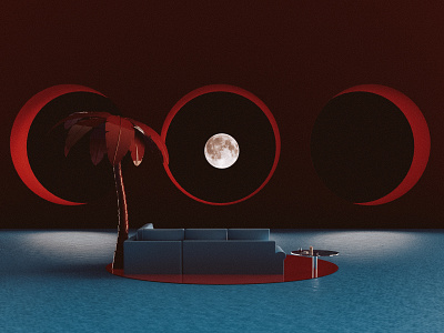 moon view (back) 3d render adobe dimension couch design moon palmtree pool reflection space water