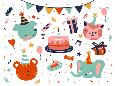 Birthday party ! 2d animals birthday colorful cute design drawing fun illustration illustrator kids party set vector