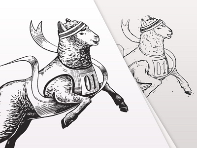 Vittorio the Sheep. Label Illustration. Engraving Style.