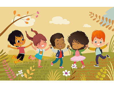 Summer boys digital illustration friends games girls kids multicultural nature nature flowers paly spring summer vector illustration