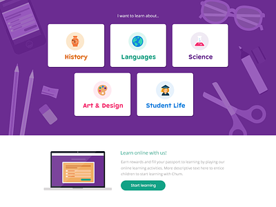 Children's learning website UI childrens history icons illustrations languages learning school science