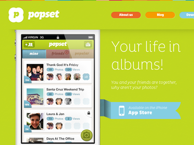 Popset Website - Your life in albums! design green group albums iphone photo app web website