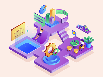 Thrilling workflow character flat girls illustrator isometric design isometric illustration isometry office ui vector woman work work process workflow workspace