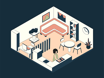 Kitchen art cat character dark home office illustration isometric isometry kitchen partition pat plants room vector wash up workflow
