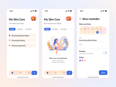 Skin care mobile app concept app brigh care gentle illustration ios mobile mobile design planing reminders skin care ui