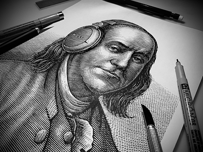 Ben Franklin Portrait Scratchboard illustration