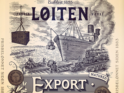 Loiten Export Label etching illustration line art pen and ink scratchboard steven noble woodcut