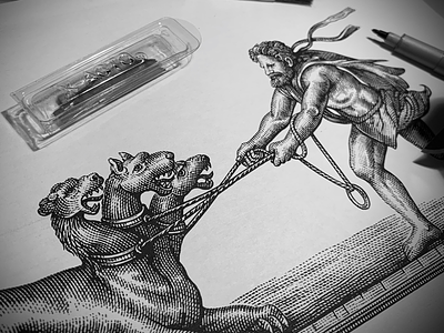 Pillars of Hercules artwork etching illustration scratchboard steven noble woodcut