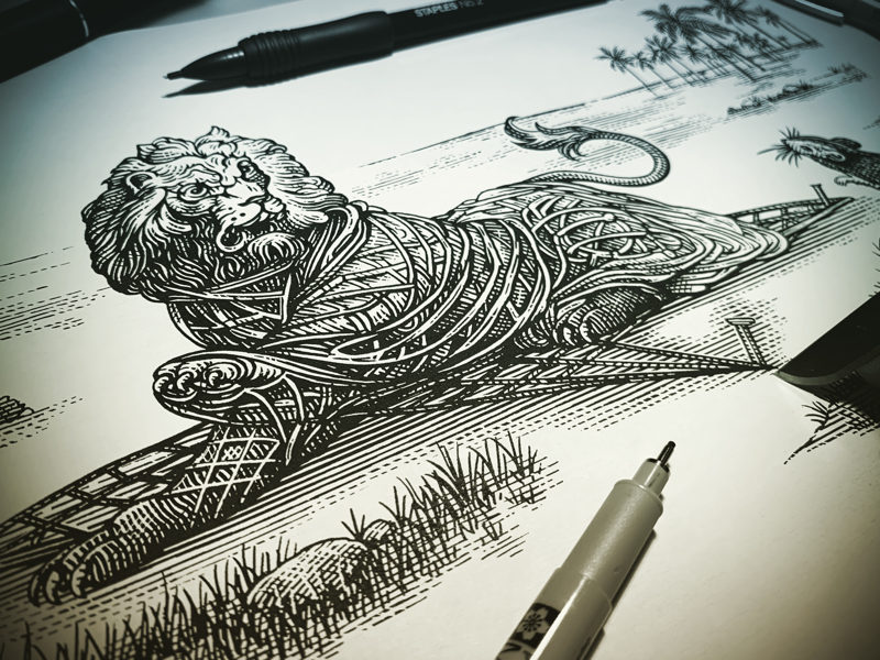 Lion & Mouse etching steven noble illustration linocut engraving woodcut scratchboard
