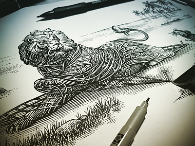 Lion & Mouse engraving etching illustration linocut scratchboard steven noble woodcut