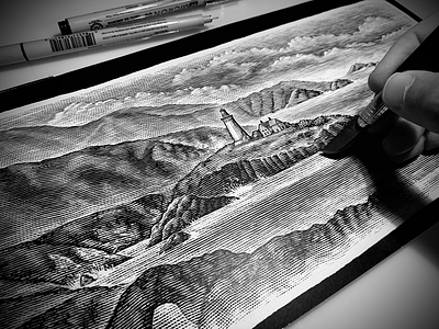 Scratchboard Landscape Illustration artwork etching line art pen and ink scratchboard illustration steven noble woodcut