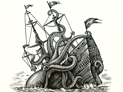 Kraken vs Ship animal etching illustration maritime scratchboard illustration woodcut