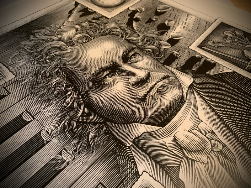 Ludwig van Beethoven Portrait Engraving engraving line art pen and ink people portrait portraiture scratchboard steven noble woodcut