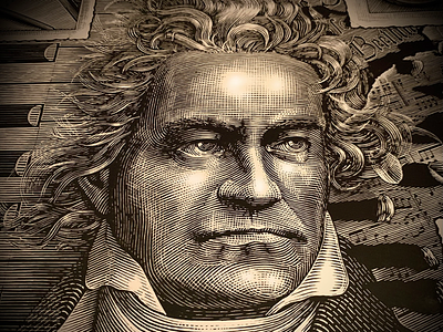 Ludwig van Beethoven Portrait engraving illustration ink art pen and ink portrait portraiture. engraving scratchboard steven noble woodcut